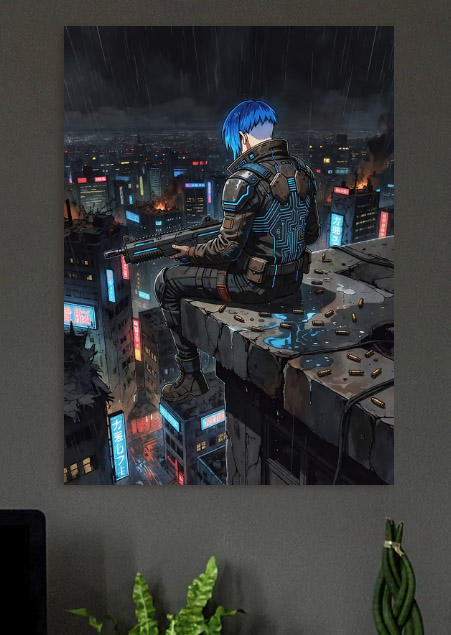 Cyberpunk Soldier on Rooftop — metal poster wall art by Lineer